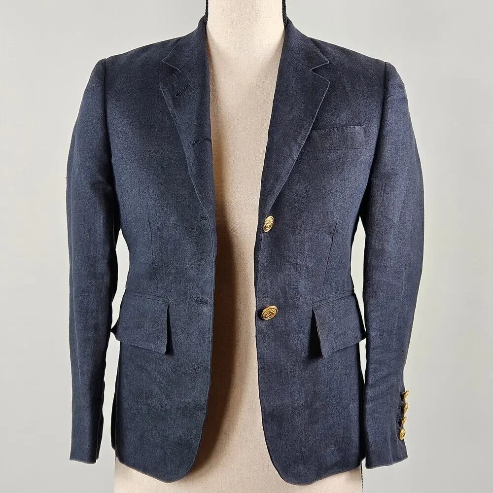 Thom Browne Women's Navy Blue Linen Nautical Blazer Jacket | Size 0 | FLAWS